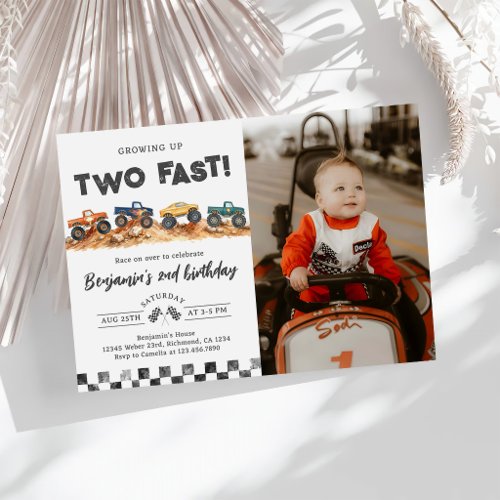 Two Fast Monster Truck Boy 2nd Birthday Photo Invitation