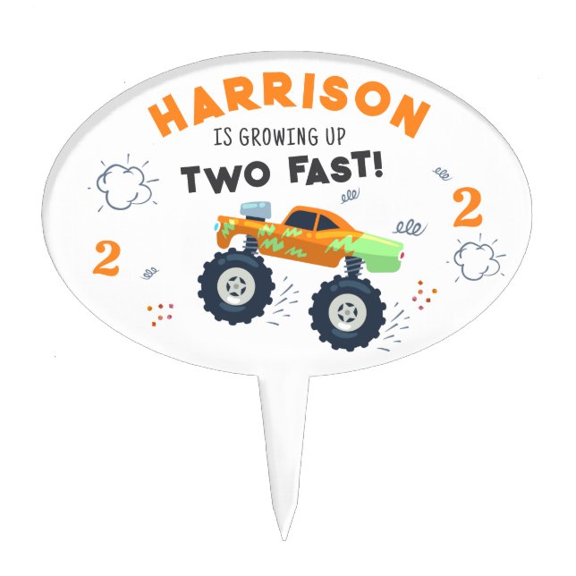 Two Fast Monster Trucks 2nd Birthday Cake Topper (Front)
