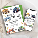 Two Fast Monster Trucks 2nd Birthday Party Invitation<br><div class="desc">Attention all little party animals! Get ready to rev up the fun with our Growing up Two Fast! Birthday Kids Monster Car Trucks Invitation. Adorned with adorable and vibrant monster car trucks, this modern typography script invites you to join in on the celebration. Let's roar into the 2nd year of...</div>