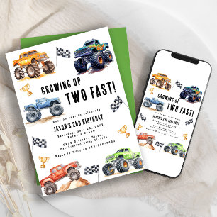 Two Fast Monster Trucks 2nd Birthday Party Invitation