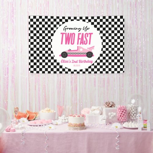Two Fast Pink Race Car 2nd Birthday Party Banner