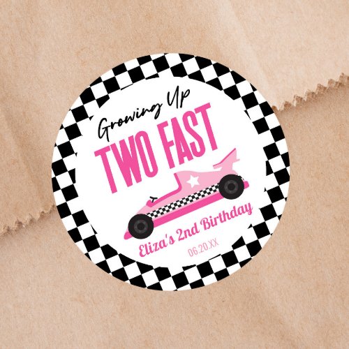 Two Fast Pink Race Car 2nd Birthday Party Classic Round Sticker
