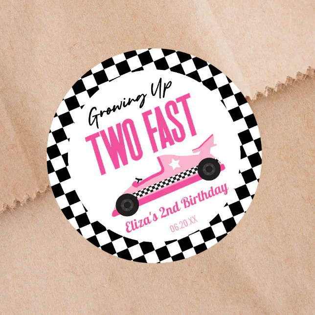 Two Fast Pink Race Car 2nd Birthday Party Classic Round Sticker | Zazzle