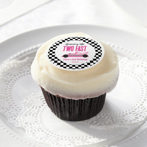 Two Fast Pink Race Car 2nd Birthday Party Edible Frosting Rounds