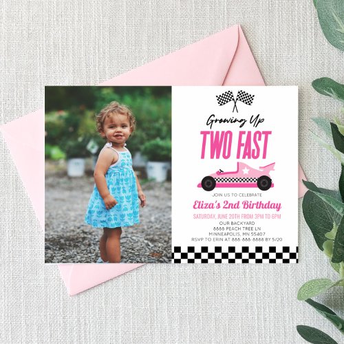 Two Fast Pink Race Car 2nd Birthday Party Invitation