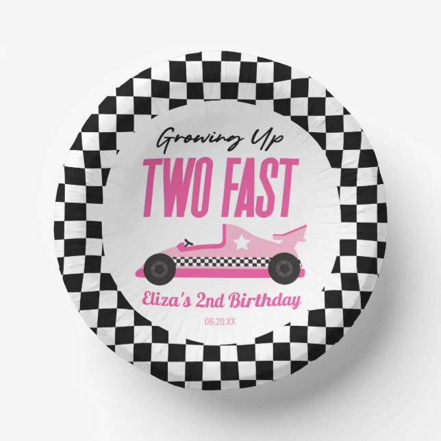 Two Fast Pink Race Car 2nd Birthday Party Paper Bowls (Front)