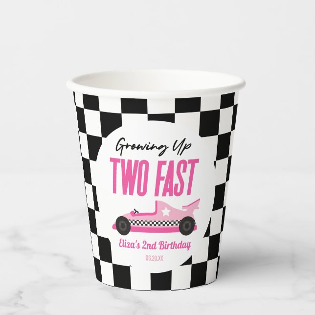 Two Fast Pink Race Car 2nd Birthday Party Paper Cups (Front)