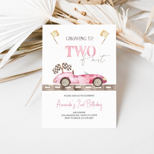 TWO Fast Pink Race Car Birthday Invitation 