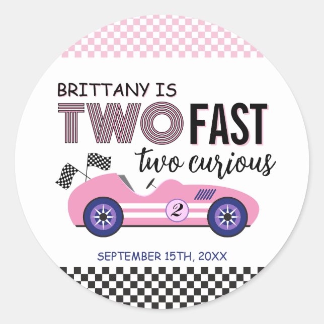 Two Fast Pink Race Car Second Birthday  Classic Round Sticker (Front)