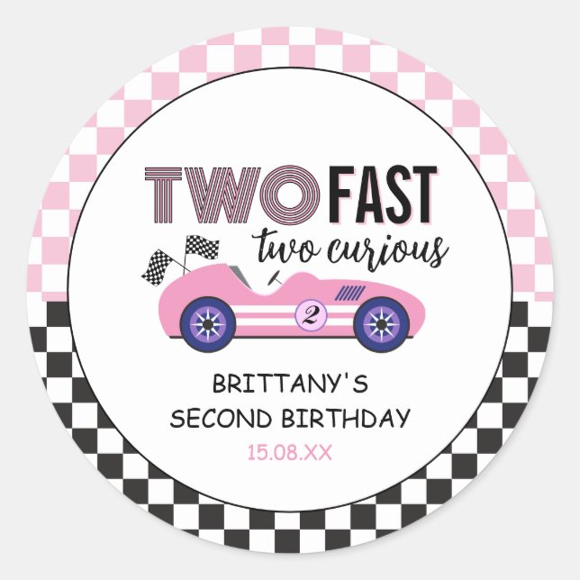 Two Fast Pink Race Car Second Birthday  Classic Round Sticker (Front)