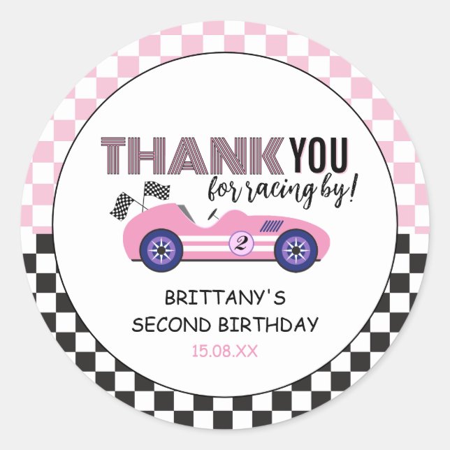 Two Fast Pink Race Car Second Birthday  Classic Round Sticker (Front)