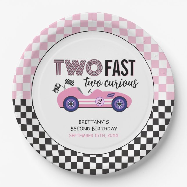 Two Fast Pink Race Car Second Birthday  Paper Plates (Front)