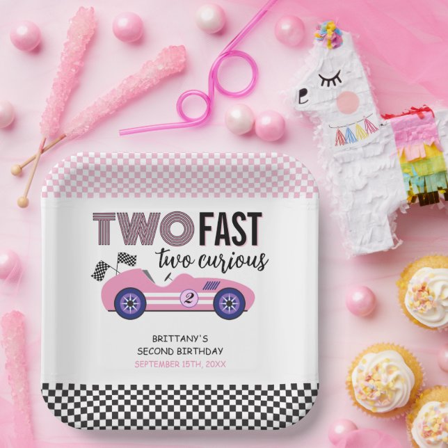 Two Fast Pink Race Car Second Birthday  Paper Plates (Party)