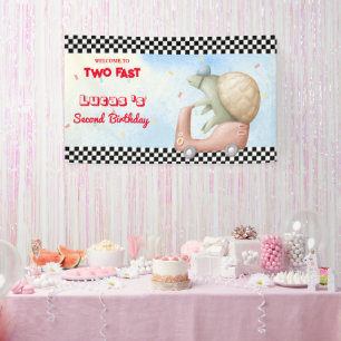 Two Fast Pink Turtle Bike race car 2nd HBD Party Banner