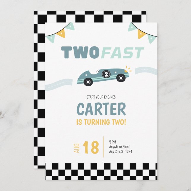 Two Fast Race Car 2nd Birthday Invitation (Front/Back)