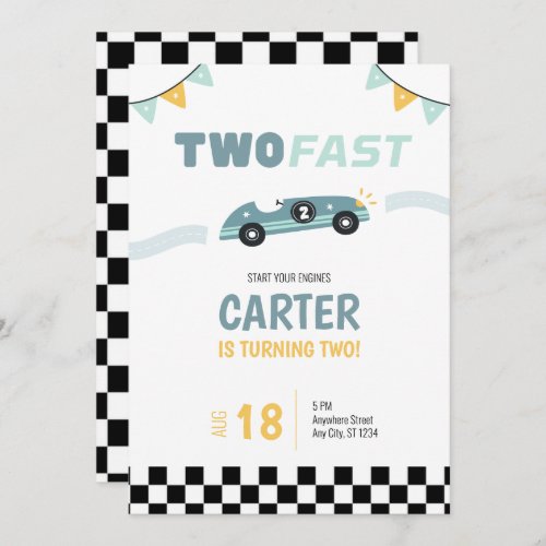 Two Fast Race Car 2nd Birthday Invitation