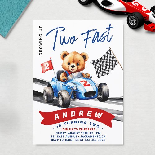 Two Fast Race Car 2nd Birthday  Invitation
