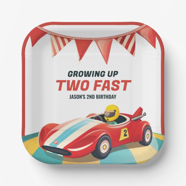 Two Fast Race Car 2nd Birthday Paper Plates (Front)