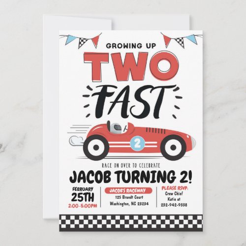 Two Fast Race Car 2nd Birthday Party Invitation