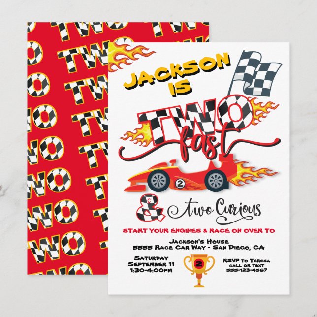 Two Fast Race Car 2nd Birthday Party Invitation (Front/Back)