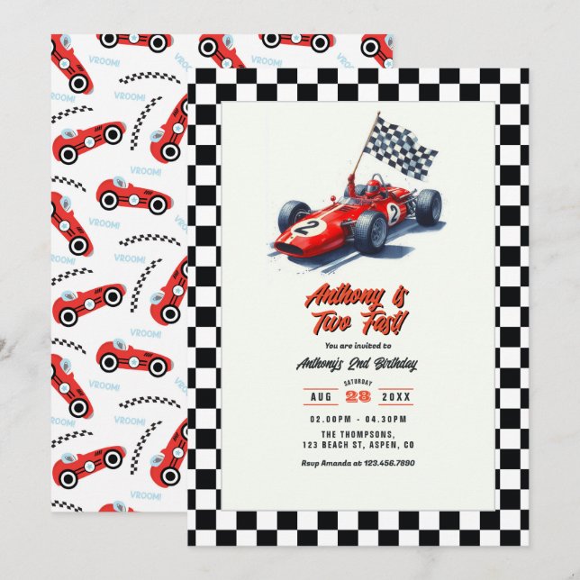 Two Fast Race Car 2nd Birthday Party Invitation (Front/Back)