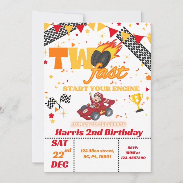 Two Fast Race Car 2nd Birthday Party Invitation (Front)