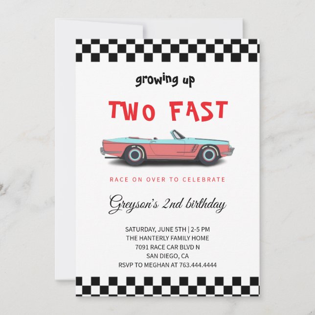 "Two Fast! Race Car 2nd Birthday Party Invitation" Invitation (Front)