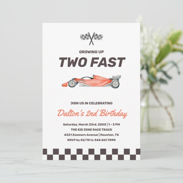 Two Fast Race Car 2nd Boy's Birthday Party Invitation (Standing Front)