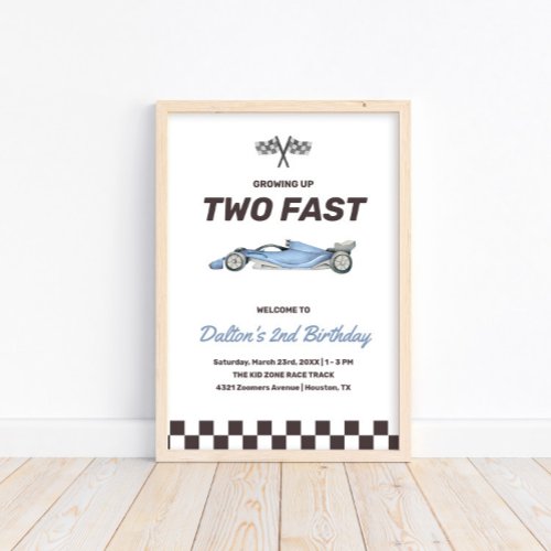 Two Fast Race Car 2nd Boys Birthday Party Welcome Poster