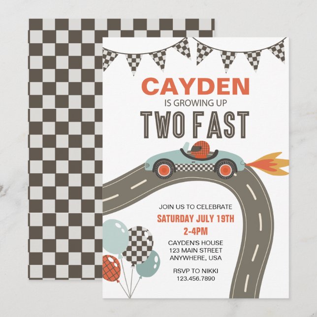 Two Fast Race Car Birthday Invitation (Front/Back)