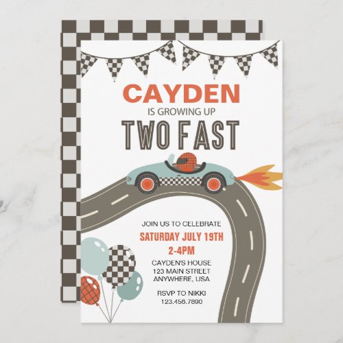 Two Fast Race Car Birthday Invitation