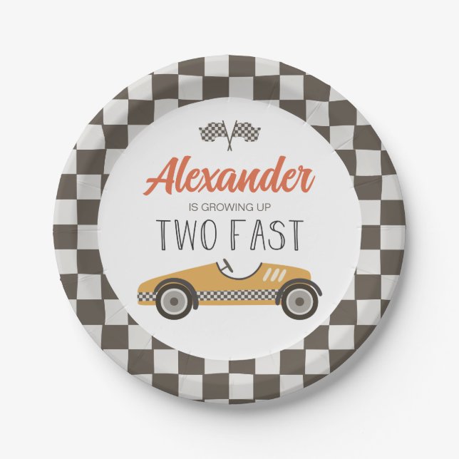 Two Fast Race Car Birthday Paper Plates (Front)