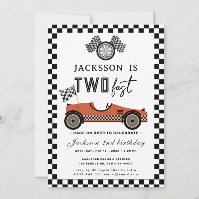 Two Fast Race Car Birthday Party  Invitation (Front)