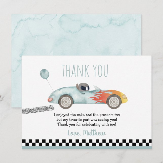 Two Fast Race Car Birthday Thank You Card (Front/Back)
