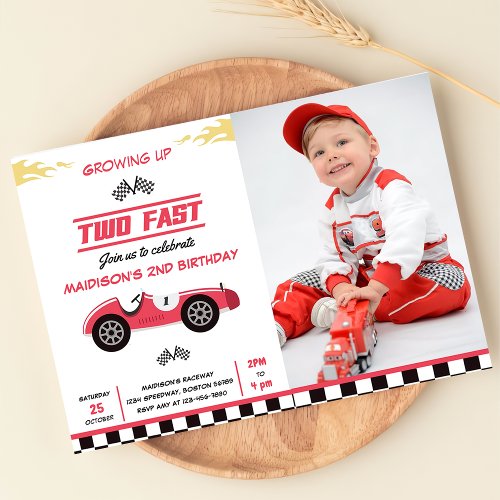 Two Fast Race Car Boy 1st Birthday Party Photo  Invitation