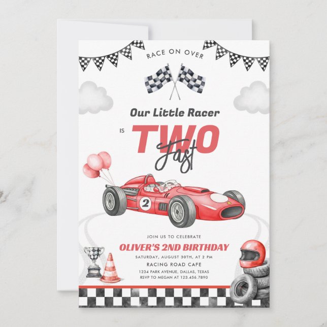 Two Fast Race Car Boy 2nd Birthday Invitation (Front)