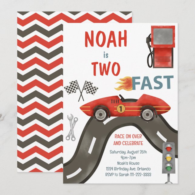 Two Fast Race Car Boy 2nd Birthday Invitation (Front/Back)