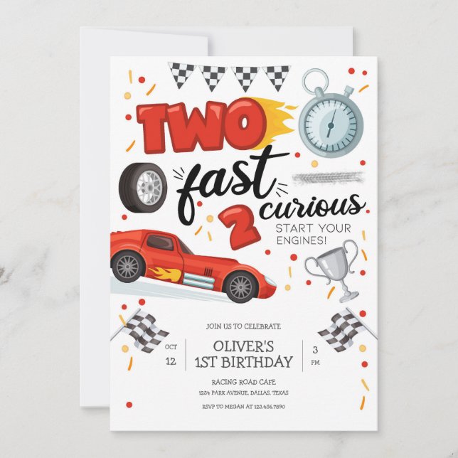 Two Fast Race Car Boy 2nd Birthday Invitation (Front)