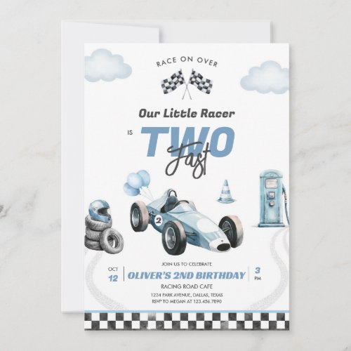 Two Fast Race Car Boy 2nd Birthday Invitation