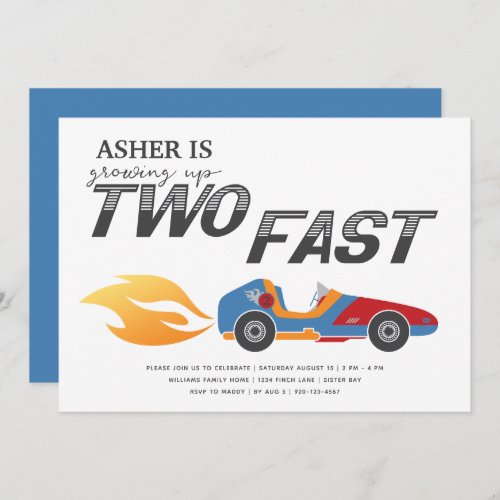 Two Fast Race Car Boy 2nd Birthday Invitation