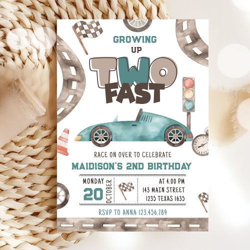 Two Fast Race Car Boy 2nd Birthday  Invitation