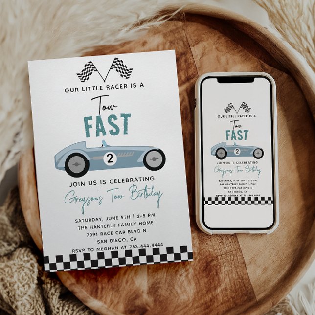 Two Fast Race Car Boy 2nd Birthday Party Aesthetic Invitation (Creator Uploaded)