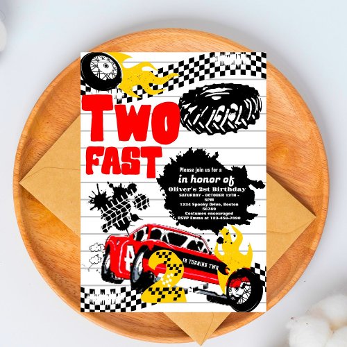 Two Fast Race Car Boy 2nd Birthday Party   Invitat Invitation