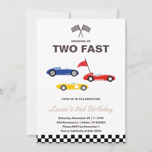 Two Fast Race Car Boy 2nd Birthday Party  Invitation