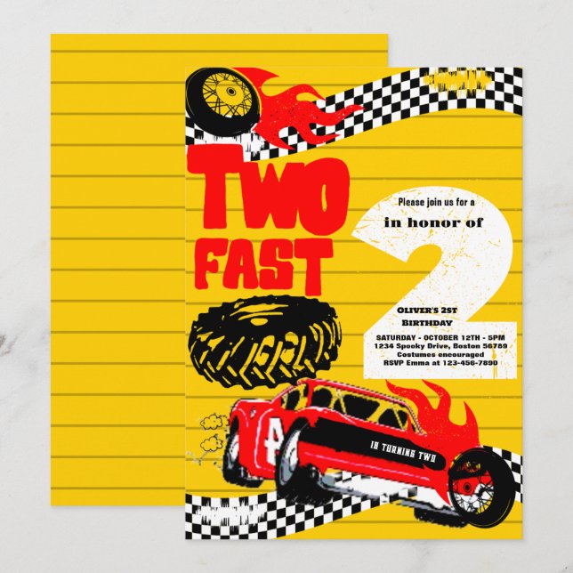 Two Fast Race Car Boy 2nd Birthday Party Invitation (Front/Back)
