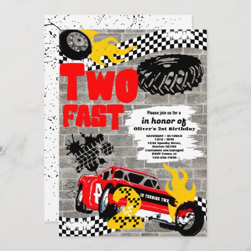 Two Fast Race Car Boy 2nd Birthday Party   Invitation