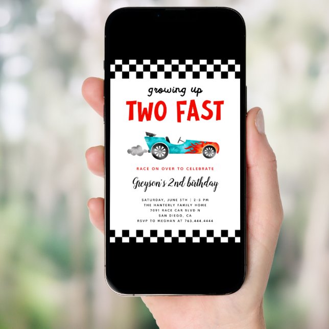 Two Fast Race Car Boy 2nd Birthday Party Invitation