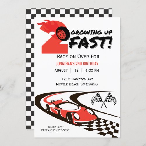 Two Fast Race Car Boy 2nd Birthday Party Invitation