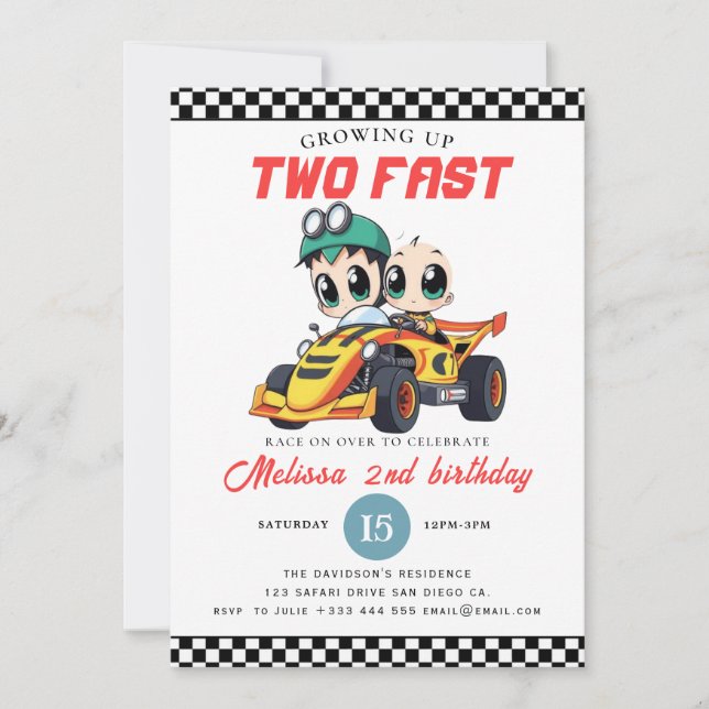 Two Fast Race Car Boy 2nd Birthday Party Invitation (Front)