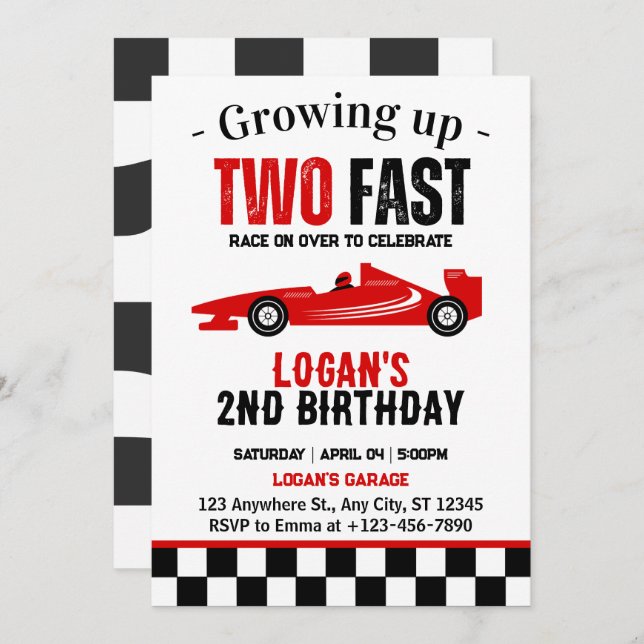 Two Fast Race Car Boy 2nd Birthday Party Invitation (Front/Back)